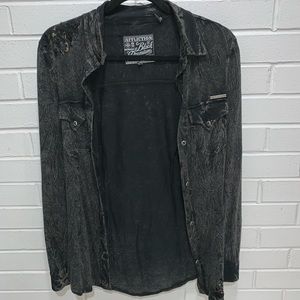 Distressed black button down shirt